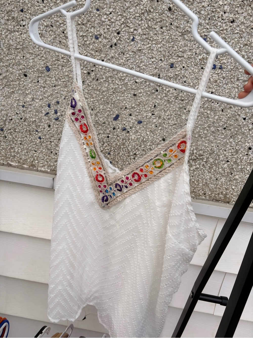 White Beaded V-Neck Camisole with Multicolor Embellished Trim